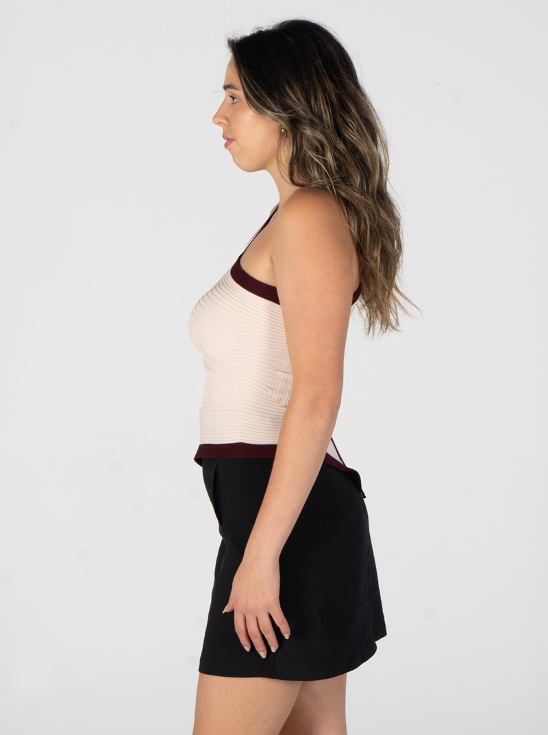 Luna One Shoulder Knit Top- Nude/Burgundy